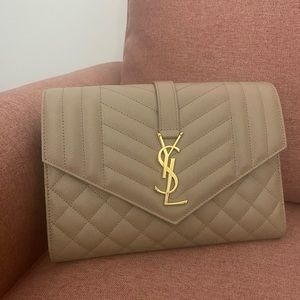 YSL Monogram Clutch in Dark Beige